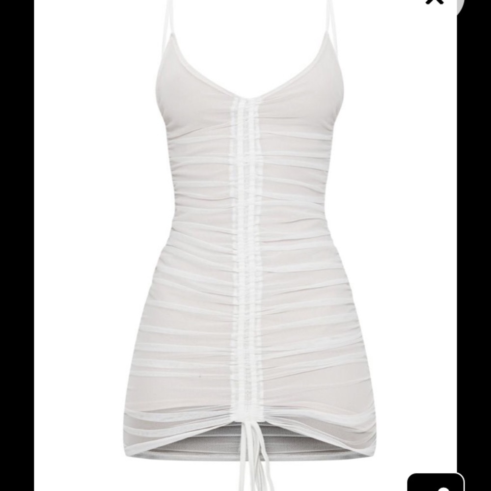 White mesh ruched bodycon dress